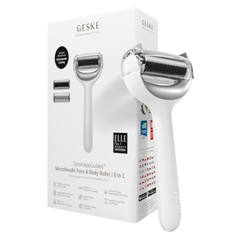 GESKE | SmartAppGuided™ MicroNeedle Face & Body Roller | 8 in 1 | Derma Roller | Elektrisches Microneedling | Nadelroller | Needleroller | Beauty Roller für Gesicht und Körper | kühlender Aufsatz