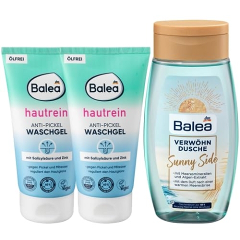 Balea 3er-Set Hautpflege: Anti-Pickel WASCHGEL HAUTREIN reguliert Hautglanz, gegen Pickel & Mitesser, ölfrei (2 x 150 ml) + DUSCHGEL SUNNY SIDE Verwöhndusche, 250 ml (550 ml)