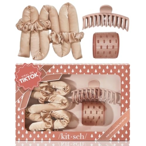 Kitsch Satin Heatless Hair Styling Geschenkset – 5-teiliges Set aus Satin Heatless Curling Set, Keramik Thermo Haarroller & Klaue Clip | Haarstyling-Zubehör, Champagner