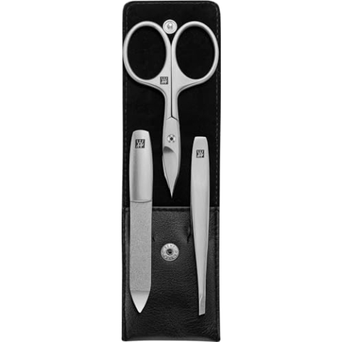 ZWILLING Maniküreset (3 Teilig, Nagelpflege und Pediküre, Echt Leder Etui, Präzise, mit Kombi-Nagelschere), Premium, Schwarz