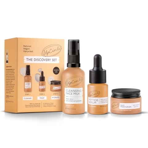 UpCircle Entdeckungsset – Reinigungsmilch, Gesichtsfeuchtigkeit und Peptidserum-Trio – Vitamin E, Niacinamid + Aloe Vera – Fördert Kollagen, spendet Feuchtigkeit + beruhigt – Vegan + tierversuchsfrei