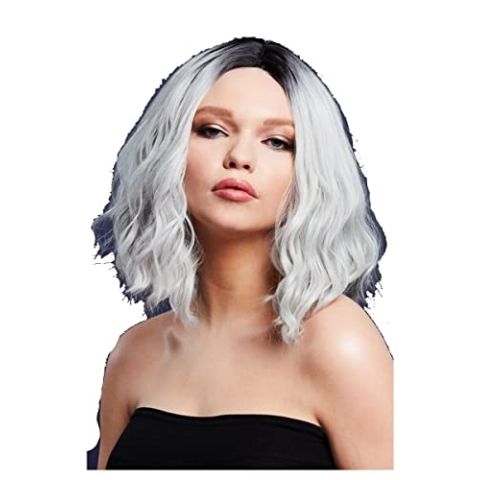 Smiffys Fever Cara Perücke, zweifarbig, Eissilber, Gewellter langer Bob, Mittelscheitel, 33cm