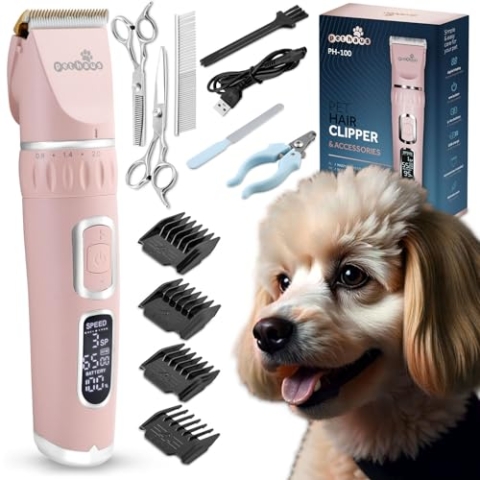 Pethaus Hundeschermaschine Grooming Set Geräuscharme Schermaschine Für Hunde Katzen 4 Aufsätzen 3 bis 12 mm Schere Kamm Krallenschneider Feile Pink