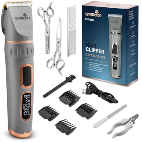 Pethaus Hundeschermaschine Grooming Set Geräuscharme Schermaschine Für Hunde Katzen 4 Aufsätzen 3 bis 12 mm Schere Kamm Krallenschneider Feile Grau