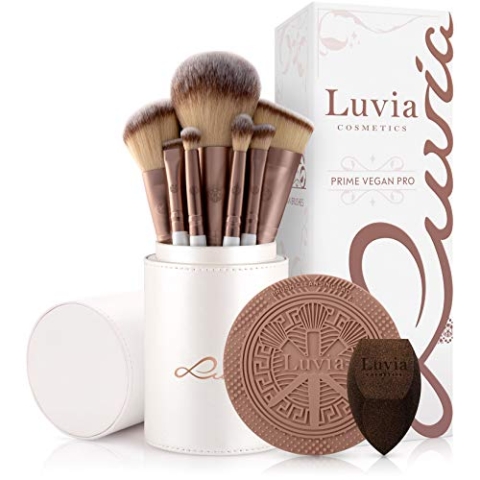 Make-up Pinselset Luvia, Prime Vegan Pro, 12 Schminkpinsel inkl. Pinselaufbewahrung, Blender Schwamm & Reinigungsmatte Für Kosmetikpinsel, Perlmutt & Coffee