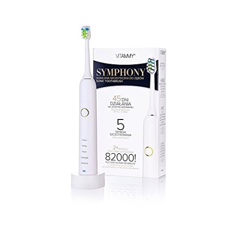 VITAMMY Symphony White Schallzahnbürste | 45 Tage pro Ladung | Weiß | 5 Bürstenmodi | Bis zu 82.000 Bewegungen/min | USB Induktionsladegerät