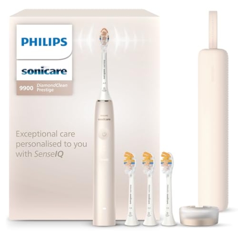 Philips Sonicare DiamondClean 9900 Prestige elektrische Zahnbürste, mit SenseIQ Technologie und App, 5 Putzmodi, 3 Intensitätsstufen, Reiseladeetui, champagner, Modell HX9992/44