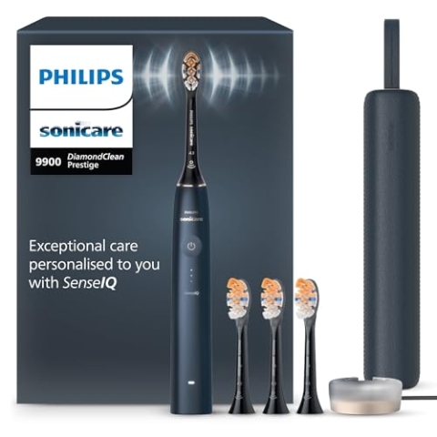 Philips Sonicare DiamondClean 9900 Prestige elektrische Zahnbürste, mit SenseIQ Technologie und App, 5 Putzmodi, 3 Intensitätsstufen, Ladeetui, dunkelblau, Modell HX9992/45