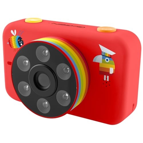 GOGEN DECKO Kinderkamera I Digitalkamera für Kinder I Selfie-Kamera I HD Foto und Video I Fotografische Effekte I Micro-SD-Karte 32GB I LED I Lion-Akku I ab 3 Jahren geeignet I Rot I Kamera