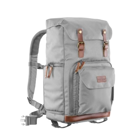 Mantona Luis Retro Fotorucksack (mit Echtleder-Applikationen, inkl. Regenschutzhülle, flexible Einteilung und Laptopfach, geeignet für 1x DSLR-Kamera, 3x Objektive und diverses Fotozubehör) grau