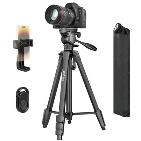 Stativ 152 cm Kamera Stativ für iPhone/Telefon, Fluidkopf Reisestativ für Canon Nikon Sony DSLR Videokamera, Universal-Telefonhalterung & drahtlose Fernbedienung, tragbare Tasche für Fotografie