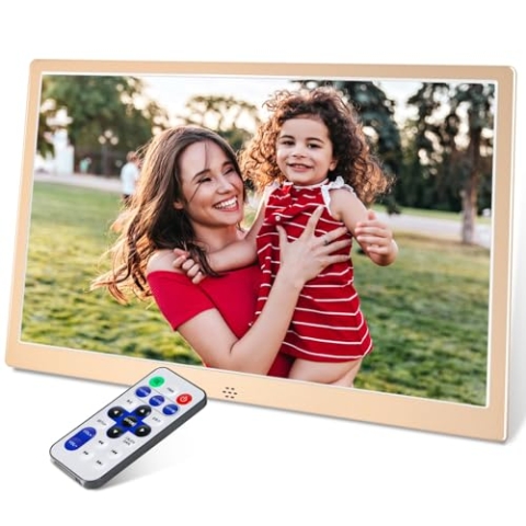 TSITSC 12 Zoll Digitaler Bilderrahmen, 1280 * 800 IPS-Bildschirm Elektronischer Bilderrahmen Kalender/Uhrfunktion/Musik/Foto-/Videoplayer mit Fernbedienung, unterstützt USB/SD-Karte (Gold)