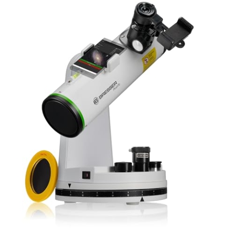 Bresser PushTo NT-76/350 Smart Teleskop, 76mm Spiegelobjektiv, 350mm Brennweite, Bluetooth, Tischgerät mit Smartphone-Adapter