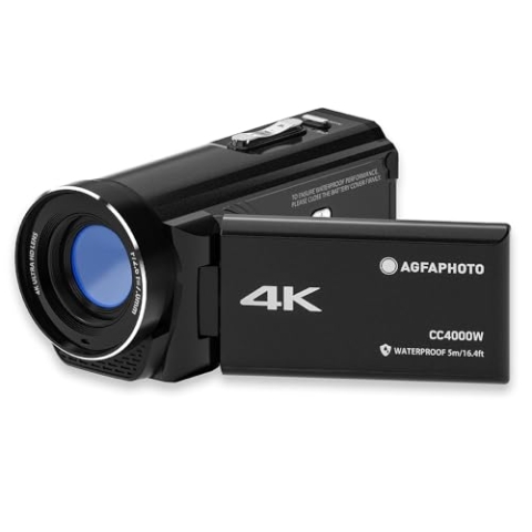 Agfa Photo Realimove CC4000W - Wasserdichter 4K-Camcorder mit 3-Zoll-Touchscreen, 18-facher Digitalzoom, Video 2.7K, Foto 24 MP, LED, Lithiumbatterie - Schwarz