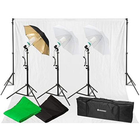 Bresser Fotostudio BR-2120 Tageslicht- und Hintergrund-Set 1600W mit Hintergrundsystem, Lampen, Stative und Schirme