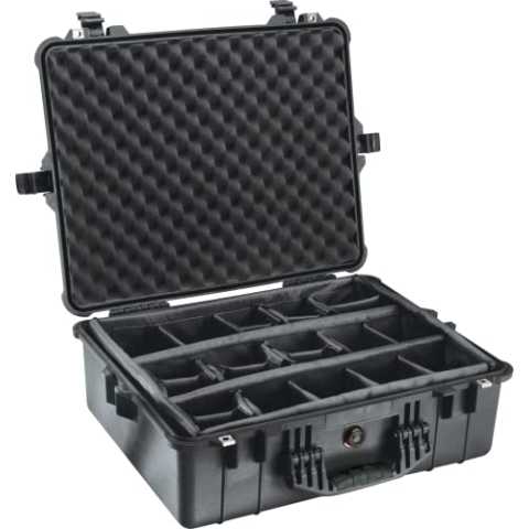 PELI 1600 Peli Transportkoffer aus Polypropylen, IP67 Wasser- und Staubdicht, 46L Volumen, Mit gepolstertem Einteilungssystem, Schwarz