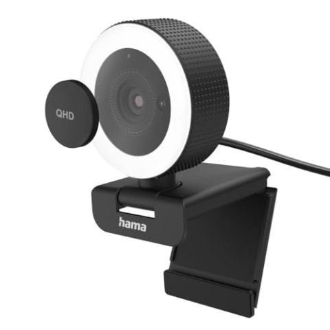 Hama Webcam mit Licht, Fernbedienung, Zoom, mobil (QHD 2K PC-Kamera mit Dual Mikrofon, Streaming-Cam, Ringlicht-Webcam Abdeckung, Autofokus, 360° drehen 89° neigen, 1/4-Zoll-Gewinde f. Stativ) schwarz