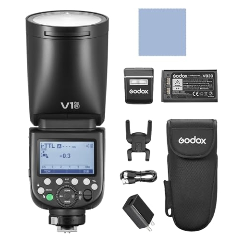GODOX V1PRO C 2.4G Wireless Speedlite Kamerablitz E-TTL II Automatikblitz mit M/TTL-Blitzmodus 1/8000 s HSS mit Netzteilanschluss und abnehmbarem Sub-Blitz+24 Stück Blitzgele für Canon EOS-Kameras