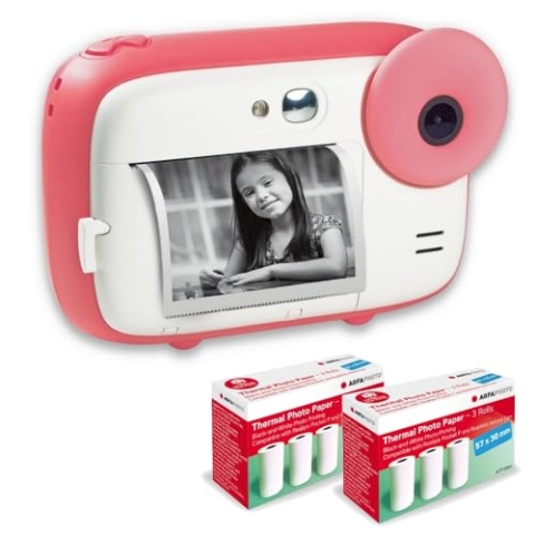AGFA Photo Realikids Instant Cam + 6 Rollen Thermopapier, ATP3WH – Sofortbildkamera für Kinder, LCD-Display 2,4 Zoll, Lithium-Akku, Selfie-Spiegel und Fotofilter – Rosa