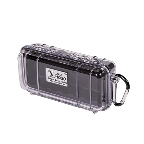 Peli 1030 kleines Micro Case zum sicheren Transport sensibler Geräte, kleiner Koffer, IP67 Wasser- und Staubdicht, 0,6L Volumen, Transparent/Schwarze Gummieinlage