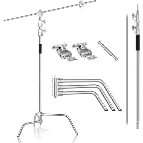 EMART C Stand mit Boom Arm, 300 cm Verstellbares Edelstahl-Beleuchtungsstativ mit 128 cm Haltearm, Kugelgelenk und Verstellbarem Bein für Reflektor, Softbox, Monolight, Regenschirm