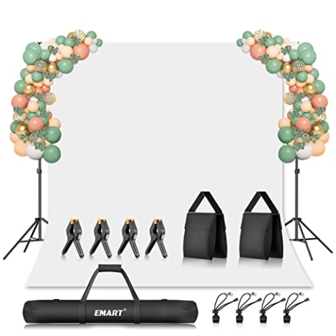 EMART Fotografie Hintergrund Ständer Kit 2,6 x 3m mit Weiss Fotohintergrund 1,8x2,8m, Verstellbares Hintergrundstützsystem mit 4 Hintergrundklemmen, 2 Sandsack für Foto, Videostudio, Party, Live