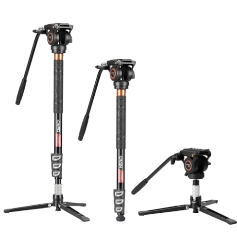 Cayer FP34 Einbeinstativ mit Füßen, 71-Zoll-Aluminium-Teleskop-Kamera-Einbeinstativ mit Fluidkopf und 3-Bein-Stativbasis für Canon Nikon Sony Olympus Panasonic DSLR-Kamera