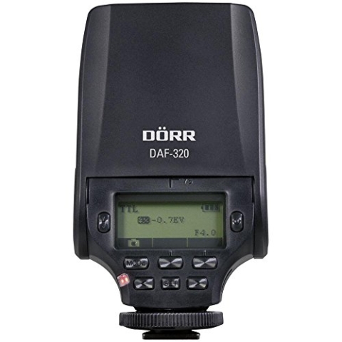 Dörr 370302 Systemblitzgerät DAF-320 für Sony MIS Kamera (Leitzahl 32, TTL-Blitzautomatik, Stroboskopfunktion, Diffusorvorsatz, Tasche/Standfuß)
