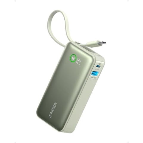 Anker Nano Power Bank Externer Akku 10000 mAh mit integriertem USB-C-Kabel, Maximale Leistung PD 30 W mit 1 USB-C-Anschluss, 1 USB-A-Anschluss, kompatibel mit iPhone 15/14, MacBook, Galaxy, iPad,