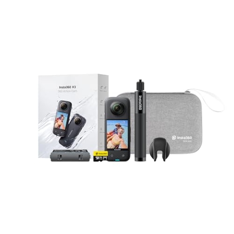 Insta360 X3 360-Grad-Action-Kamera-Starter-Set inkl. Hülle + 70 cm unsichtbarer Selfie-Stick + extra Akku + Objektivdeckel + 64 GB