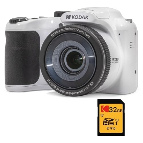 Kodak Pixpro Astro Zoom AZ255 + SD-Speicherkarte 32 GB – Digital-Bridge-Kamera 16 MP, 25-facher Zoom, Video HD 1080p, Weitwinkel 24 mm, LCD-Display 3, AA-Batterie – Weiß