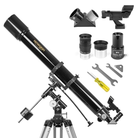 Omegon Teleskop AC 90/1000 EQ-2 | Refraktor für Einsteiger & Fortgeschrittene | 90mm Öffnung | 1000mm Brennweite | präzise EQ-2 Montierung | Mond- & Planetenbeobachtung