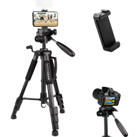 MOJOGEAR 140cm Video Stativ met Premium Smartphone-Halterung - Aluminium Camera DSLR Handy Travel Dreibein Tripod, mit 3-Wege Kugelkopf, Schnellwechselplatte, Tasche - SAB234