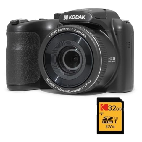 Kodak Pixpro Astro Zoom AZ255 + SD-Speicherkarte 32 GB – Digital-Bridge-Kamera 16 MP, 25-facher Zoom, Video HD 1080p, Weitwinkel 24 mm, LCD-Display 3, AA-Batterie – Schwarz