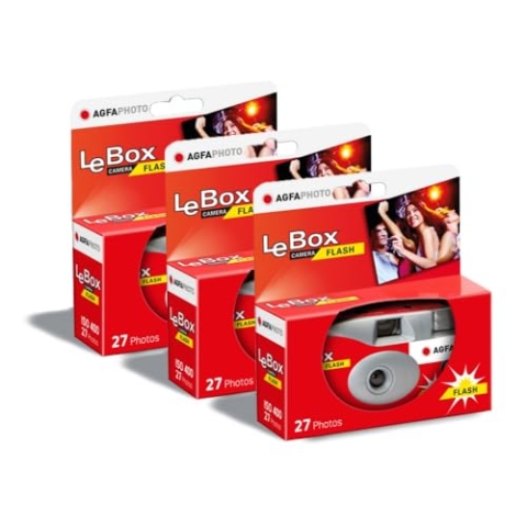 AGFA Photo 601020 LeBox Flash, Einwegkamera, 27 Fotos, optisches Objektiv 31 mm, Grau und Rot, 3er