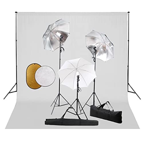 vidaXL Fotostudio Set mit Leuchten Schirmen Hintergrund Reflektor Teleskop Hintergrundsystem Studioleuchte Stativ Fotolampe Foto Studioset Tragetasche