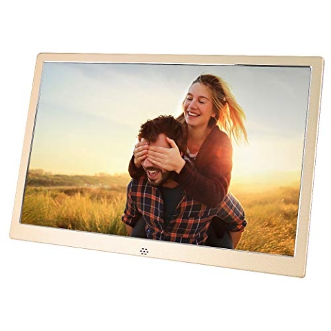 Digitaler Bilderrahmen 12 Zoll Elektronischer Bilderrahmen Metall Hochauflösendes IPS Breitbild Display Kalender/Foto/Video mit Fernbedienung,Digitaler Bilderrahmen -Gold unterstützt SD-Karte und USB