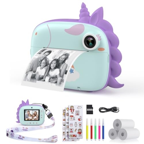 HiMont Kinderkamera Sofortbildkamera, Digitalkamera für Kinder mit Druckpapier & 32G TF Karte, VideoKamera mit farbigen Stiften & lustige Accessoires, Geschenk für Kinder 3-14 Jahren (Grün)