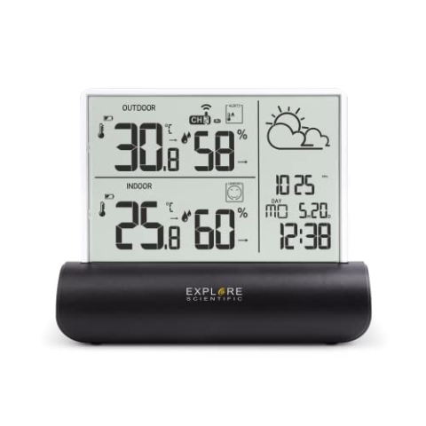 Explore Scientific WSH4501 Wetterstation mit Klarglas Display, barometrischer Druck, Temperatur und Luftfeuchtigkeit innen und außen, inklusive Sensor, schwarz