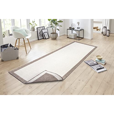 NORTHRUGS In- und Outdoor Teppich Panama 80x350cm - Wendeteppich Wetterfest Modernes Uni Design mit Bordüre Läufer für Balkon Terrasse Garten Wintergarten Wohnzimmerteppich Wasserfest, Linen