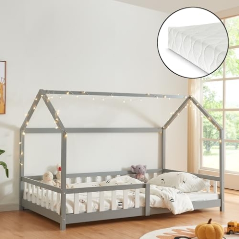 [en.casa] Kinderbett Hesel Hausbett mit Matratze 140 x 200 cm Grau mit Rausfallschutz und Lattenrost Bodenbett Jugendbett Holzbett