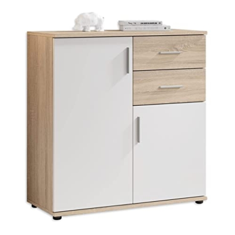 Stella Trading BOBBY Kommode in Eiche Sonoma Optik, weiß - Modernes Sideboard mit viel Stauraum für Ihren Wohnbereich - 80 x 82 x 35 cm (B/H/T)