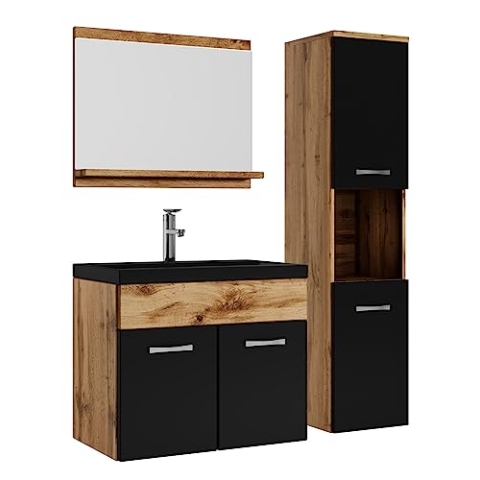 Badplaats B.V. Badezimmer Badmöbel Set Montreal 60cm Waschbecken Schwarz - Eiche/Mat Schwarz Unterschrank - Hochschrank Waschtisch Möbel