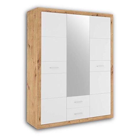 Stella Trading STONE Eleganter Kleiderschrank mit viel Stauraum & Spiegeltür - Vielseitiger Drehtürenschrank in Artisan Eiche Optik & Weiß - 151 x 198 x 55 cm (B/H/T)
