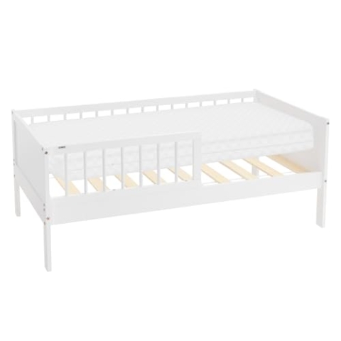 ML-Design Kinderbett 70x140 cm mit Matratze, Weiß, Einzelbett für Kinder mit Lattenrost und Rausfallschutz, Jugendbett aus Kiefernholz, Holzbett, Bettgestell für Jungen & Mädchen, Massivholz Babybett