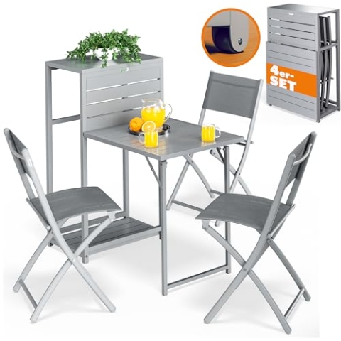 Casaria® Balkonmöbel Set 3 Stühle Tisch Klappbar Platzsparend inkl. Rollen Wetterfest Stahl Pulverbeschichtet Garten Terrasse Möbel Sitzgruppe Grau
