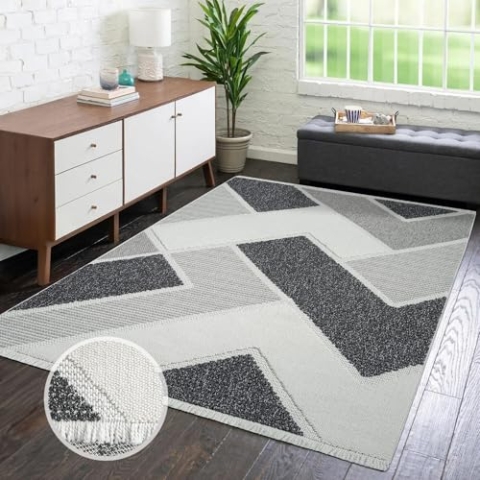 carpet city Teppich Kurzflor Wohnzimmer - Grau - 160x230 cm - Teppiche Fransen Boho-Style - Geometrisches Muster - Schlafzimmer, Esszimmer