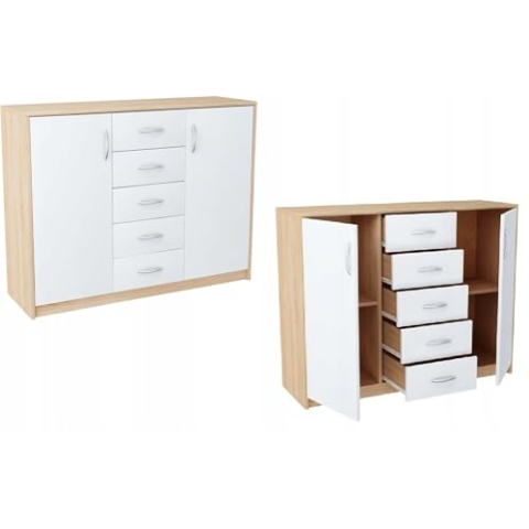MATKAM Moderne Kommode 2D5S mit 2 Türen und 5 Schubladen - Robuste Aufbewahrungslösung für Schlafzimmer und Wohnbereiche (Sonoma Eiche-Weiß)