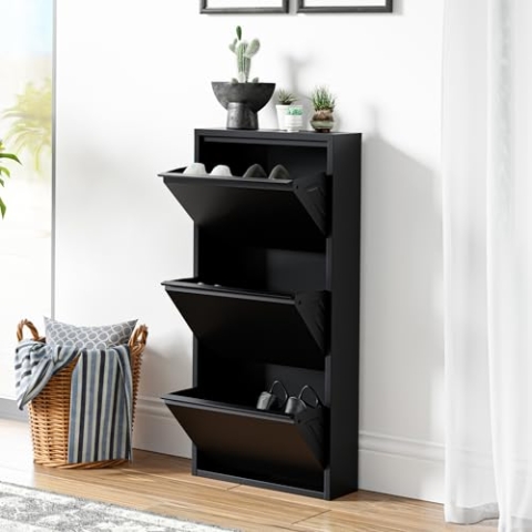 [en.casa] Schuhschrank Sokndal Schuhkipper mit 3 Klappen Metall Schuhkommode für 6 Paar Schuhe 104 x 50 x 15 cm Schwarz