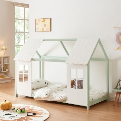 [en.casa] Kinderbett Tostedt Hausbett Jugendbett Bettenhaus Spielbett Halboffenes Design Montessori Bett aus massiver Kiefer Bettgestell Holz 90x200cm Mintgrün/Weiß